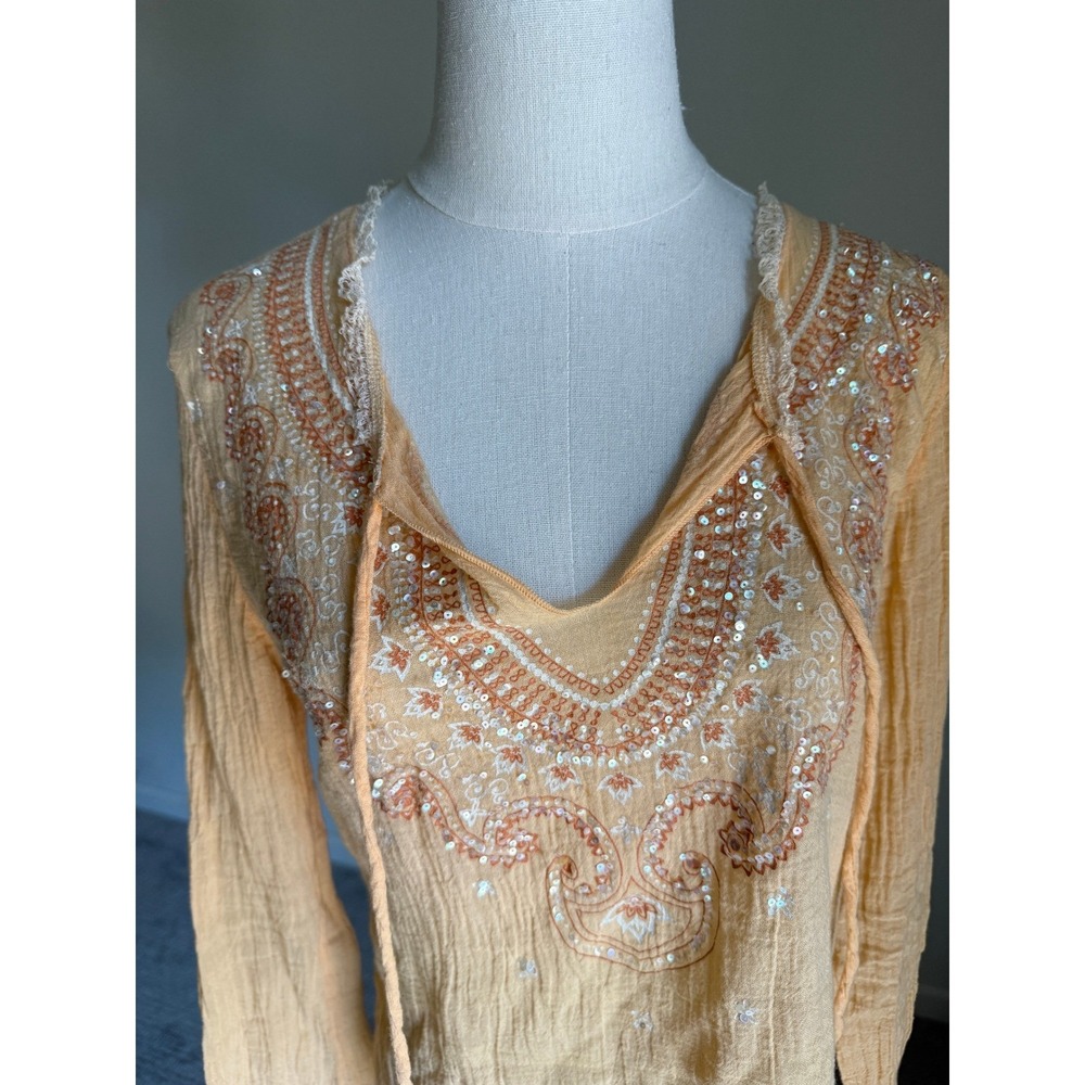 Y2K Peach Sequin Top Boho Fairy Bell Sleeve Renaissance Mallcore McBling Medium - Picture 4 of 8